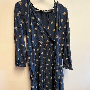Madewell Midi Dress Deep Indigo Challis Midi Dress Floral Tiered Long Sleeve OS3